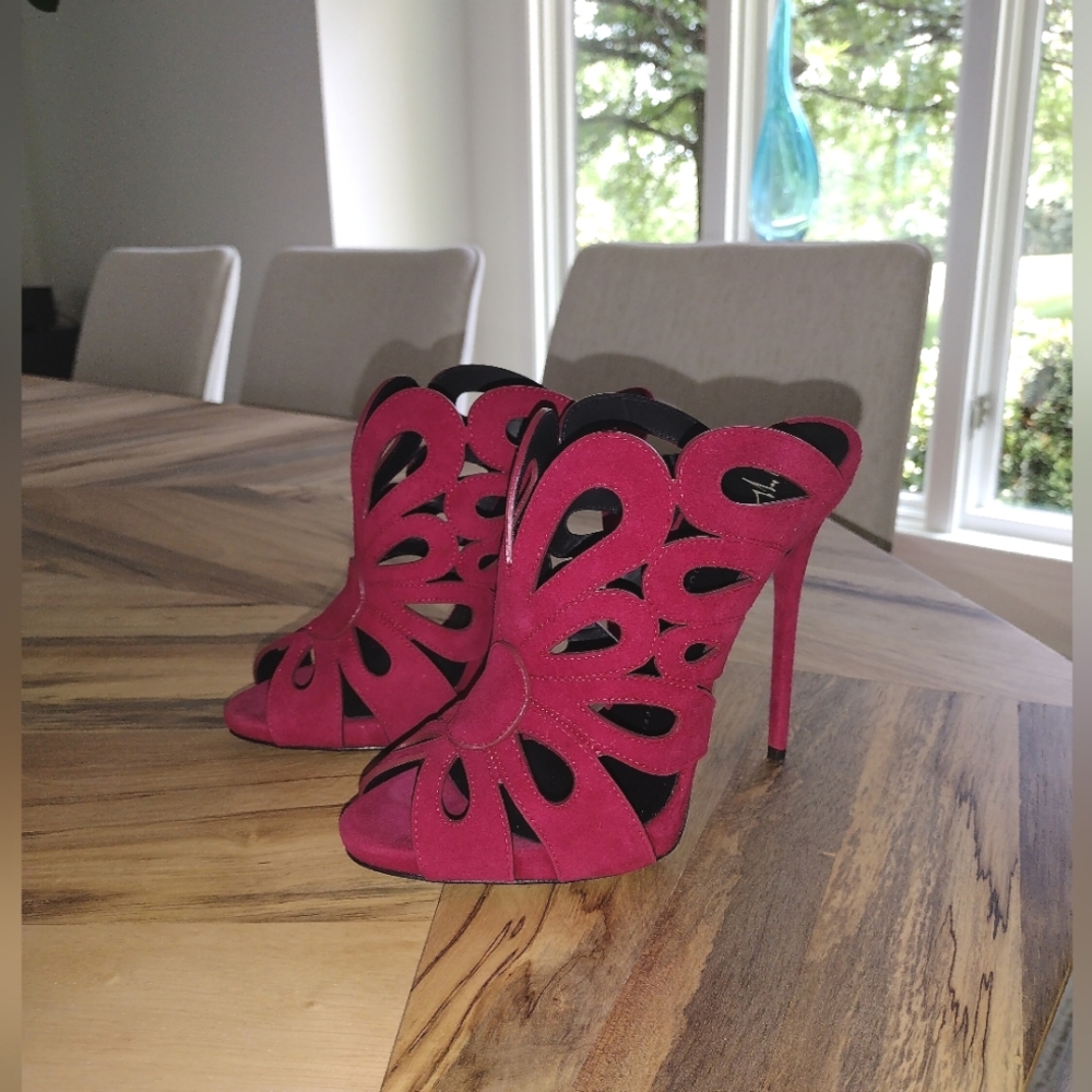 NEW Giuseppe Zanotti Caged Deep Red Suede Heels Size 38